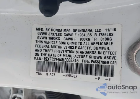2017 Honda Civic Lx from USA, damaged, VIN 19XFC2F54HE008315